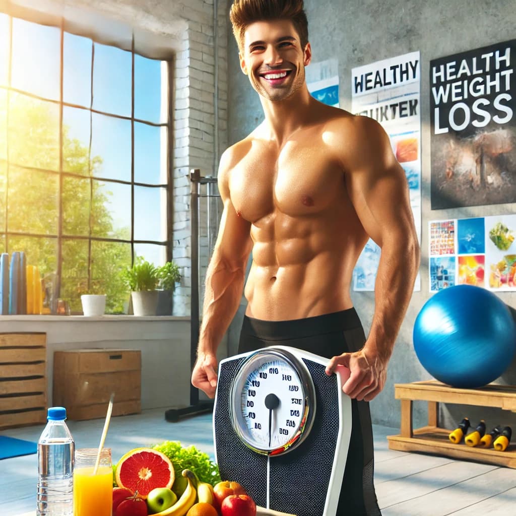 A man stands before a scale, weighing an assortment of fresh fruits and vegetables.